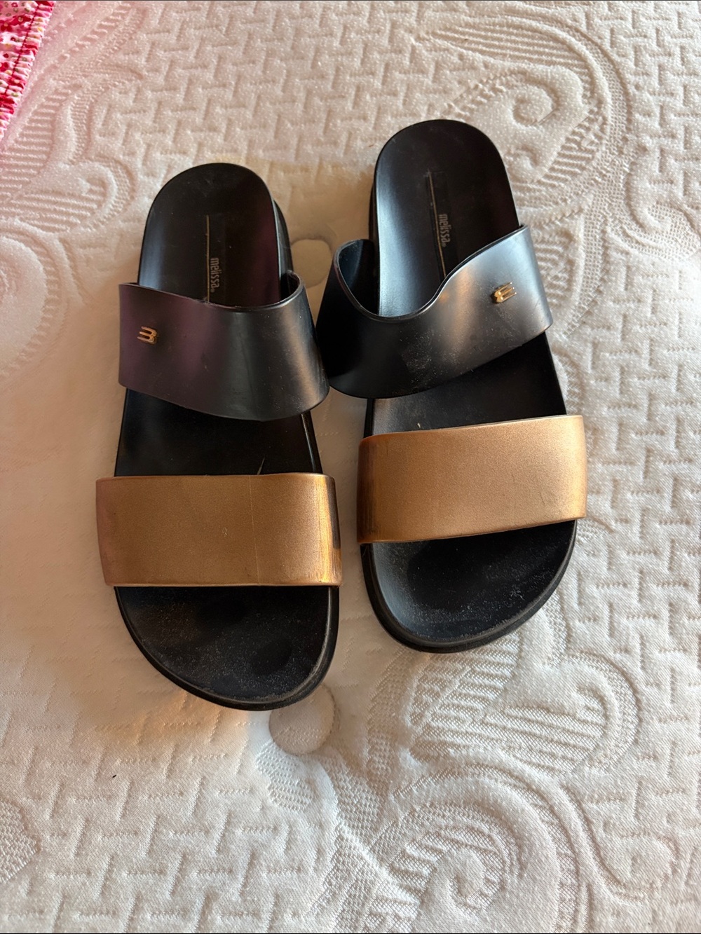 Melissa Metallic Gold and Black Double Strap Slide Sandals - 9